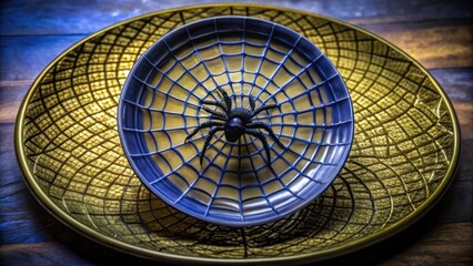 Ceramic bowl with spider web design on decorative plate  