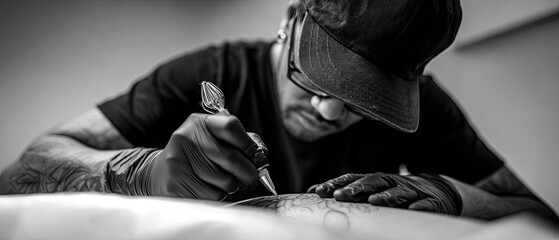 Fototapeta premium A tattoo artist carefully designs intricate body art, showcasing skill and creativity in a focused, monochromatic setting.