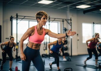 Fototapeta premium Energetic fitness instructor leading group workout in modern gym