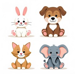Fototapeta premium A charming collection of four cute baby animals with a soft, painted texture. The set includes a rabbit, puppy, fox, and elephant. Sweet character art isolated on a white background for kids