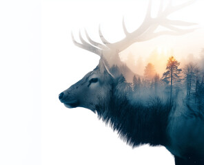 Elk head with forest landscape art background. Double exposure elk and winter forest.