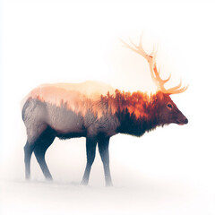 Double exposure elk and winter forest on white background