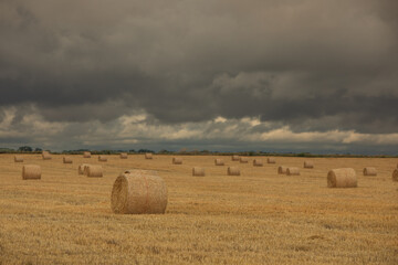 Hay Bales in a Field Under a Stormy Sky