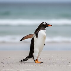 Naklejka premium King Penguin Aptenodytes patagonicus Chicks in Creche in the rain.a Gentoo penguin standing on a sandy beach, wings outstretched and one leg raised. penguin has a black head, white belly, 