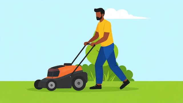 Man mowing lawn outdoor illustration