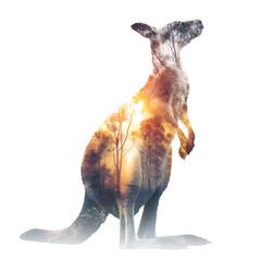 Kangaroo double exposure with wildfire forest