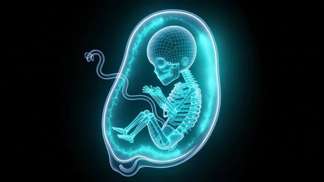 Digital Fetus Model Inside Glowing Amniotic Sac on Black Background