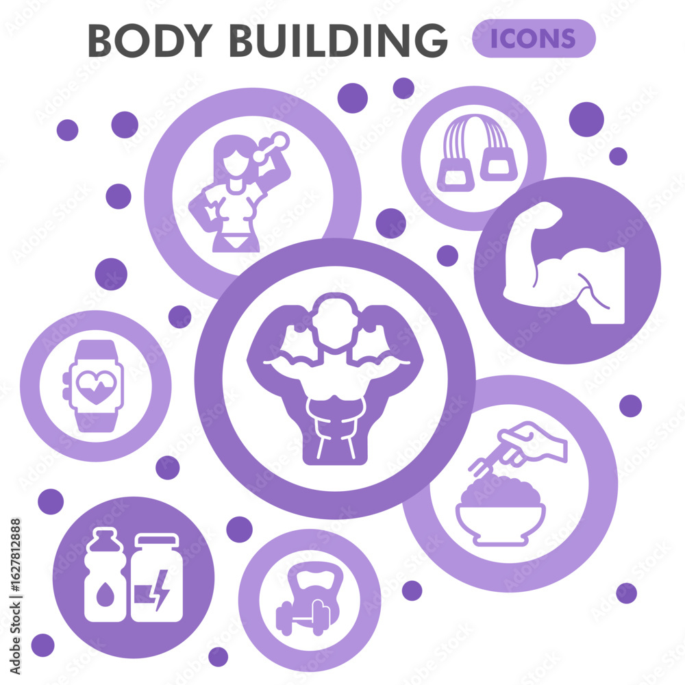 Poster body building symbols collection or sketches, strong people theme bubble with glyph style signs for 