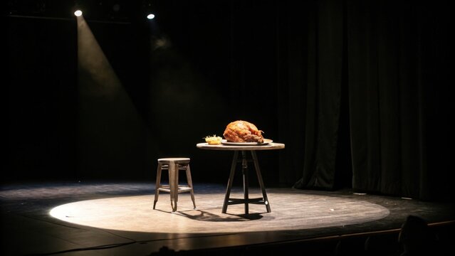 Roasted turkey on wooden table with spotlight in theater  