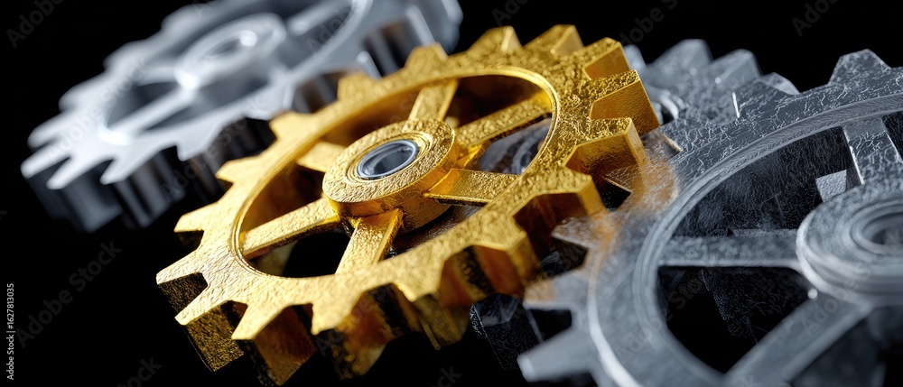 Poster a close-up view of metallic gears in various colors, showcasing intricate details and textures, repr