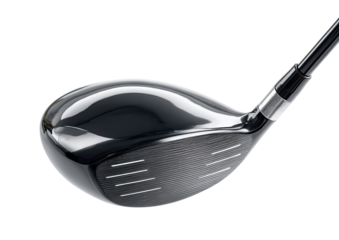 Close-up of a golf club's head and shaft.  Shiny, dark head with textured grooves.  Shaft is black and extends from the head