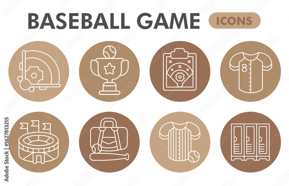 Poster baseball game symbols collection or sketches, baseball theme bubble with thin line style signs for w