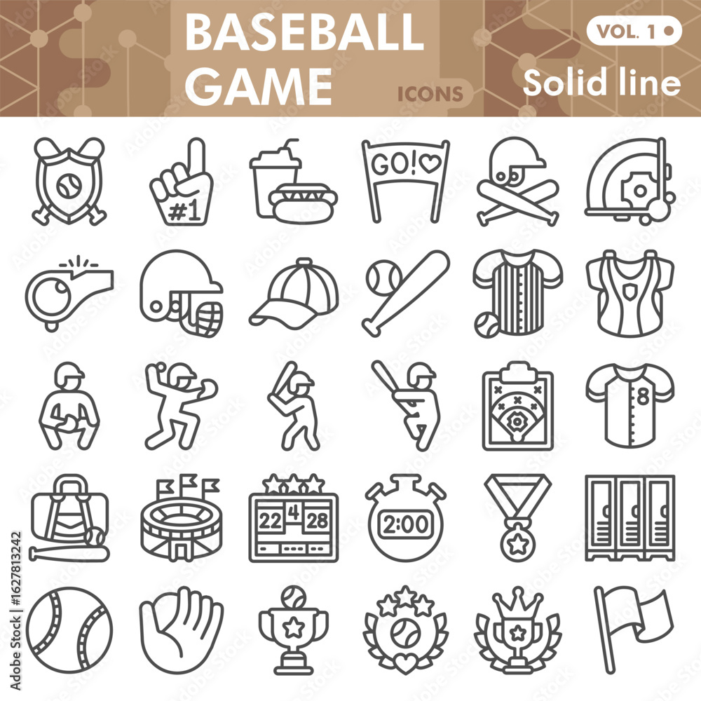 Poster baseball game symbols collection or sketches, baseball theme in line style signs for web and app. ve