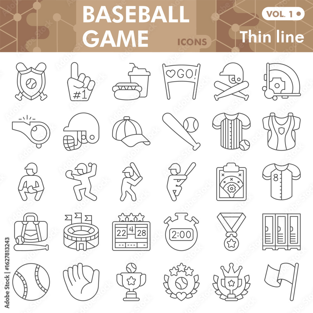 Poster baseball game symbols collection or sketches, baseball theme in thin line style signs for web and ap
