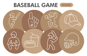 Baseball game symbols collection or sketches, baseball theme bubble with thin line style signs for web and app. Vector graphics isolated on white background.