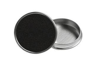 A circular, metal tin with a black fabric liner.  The lid and base are separated, showing the interior.  Smooth, shiny metal surfaces