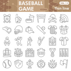 Baseball game symbols collection or sketches, baseball theme in thin line style signs for web and app. Vector graphics isolated on white background.