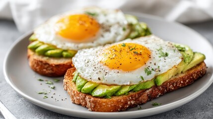 Toasted bread slices topped with creamy mashed avocado, sunny side up egg, sprinkled with herbs and seasonings on minimalist gray plate, representing wholesome morning meal