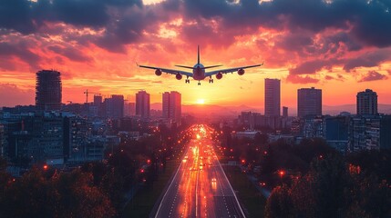 Airplane Landing Over Cityscape at Sunset
