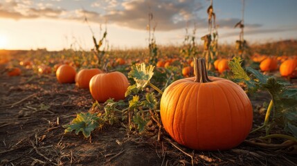 Ripe pumpkins sprawling across sunlit field, golden sunset illuminating vibrant orange gourds during bountiful autumn harvest season