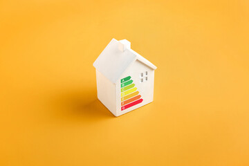 Energy efficiency scale on the house shaped on a yellow background. Cost savings and low energy eco...