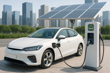 an electric car charging at a solar-powered station in a modern urban environment