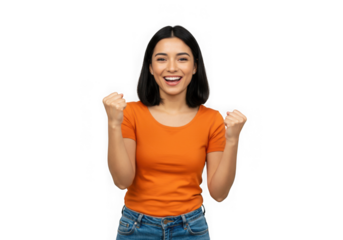Ai generated image of happy woman celebrating success isolated on transparent background