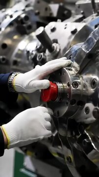 A gloved hand activates a large industrial machine&mdash;the equipment springs to life with a powerful hum, showcasing automated manufacturing in action.