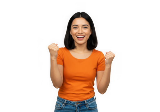 Ai generated image of happy woman celebrating success isolated on transparent background