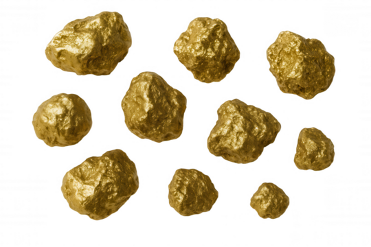 Collection of Raw Gold Nuggets Displaying Lustrous Metallic Texture and Irregular Shapes Against a Dark Backdrop