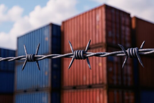 Industrial Barbed Wire Protects Shipping Containers, Creating a sense of border security, with stacked blue and orange boxes against a soft summer sky.