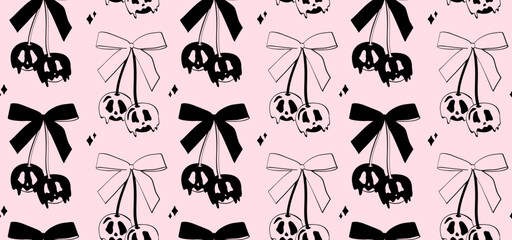 Seamless Halloween pattern with cherry-like dripping skulls tied with bows. Black and white silhouettes, icons. Vintage coquette aesthetic, cute spooky design for background, wallpaper, print, fabric.