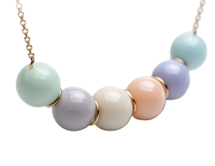 Pastel-colored beaded necklace.  A delicate gold chain supports a row of smooth, round beads in pastel shades of mint green, lavender, light peach, and cream