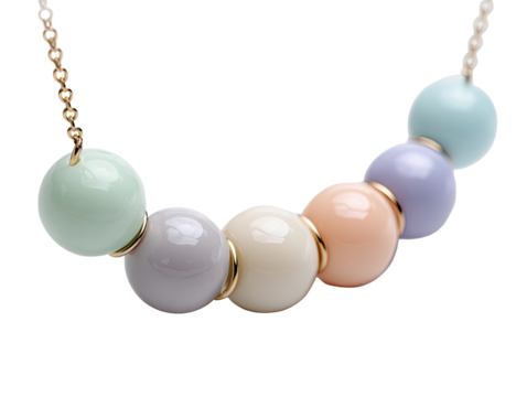 Pastel-colored beaded necklace.  A delicate gold chain supports a row of smooth, round beads in pastel shades of mint green, lavender, light peach, and cream