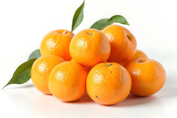 Fresh Oranges Stacked with Green Leaves on White Background