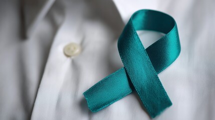 Ovarian Cancer Awareness Month.a teal ribbon on a white lab coat, symbol of ovarian cancer awareness, medical background slightly blurred