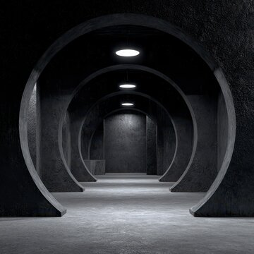 Dark, arched concrete tunnels