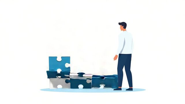 Person assembles large puzzle teamwork concept vector illustration