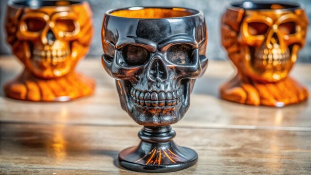 Skull-shaped drinking glasses in orange and black colors on wood  