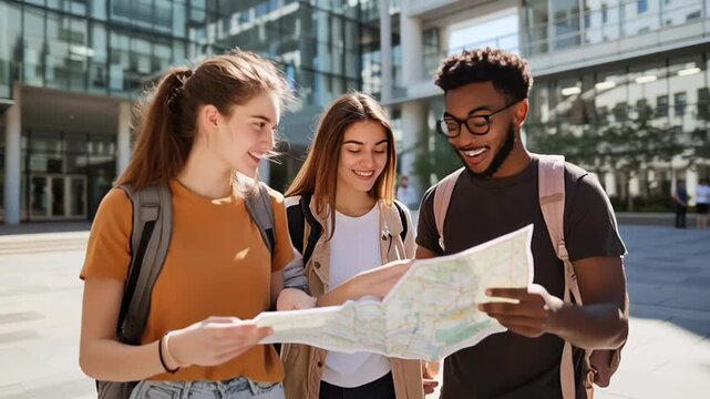 Young friends exploring city together with map in hands, discovering urban landscapes