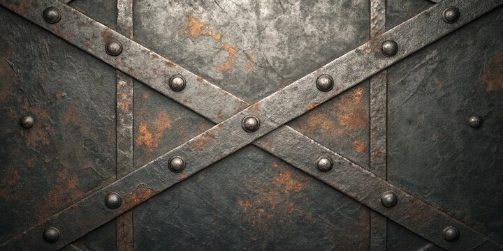 Close up of a rusty metal door with crossed iron bars and rivets, creating a vintage and industrial texture background - Powered by Adobe