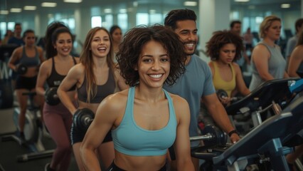 Diverse group of people enjoying their workout together at the gym