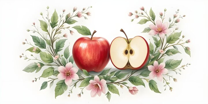Delicious red apple and apple slice surrounded by gorgeous pink blossoms and greenery, perfect for spring themed designs and healthy eating promotions