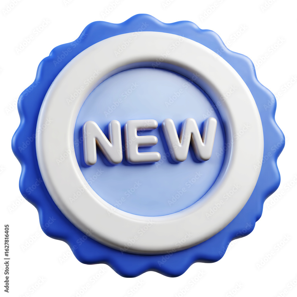 Aufkleber a blue and white badge with the word new on it in a circular shape view on transparent background