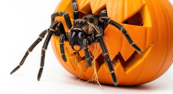 Large Hairy Tarantula Spider Emerging from a Carved Halloween Pumpkin
