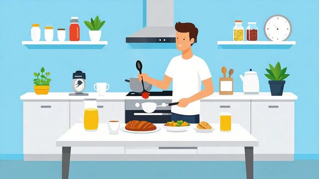 Person cooking in modern kitchen illustration