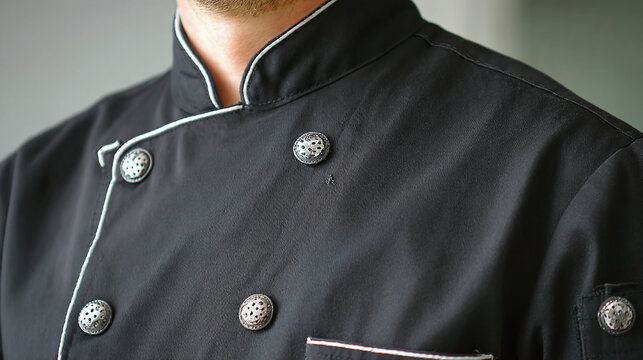 Close-up of a chef's black uniform with decorative silver buttons and white piping. Professional kitchen attire in detail.