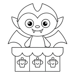 Adorable cartoon vampire character with wings and a stall of cups halloween spooky