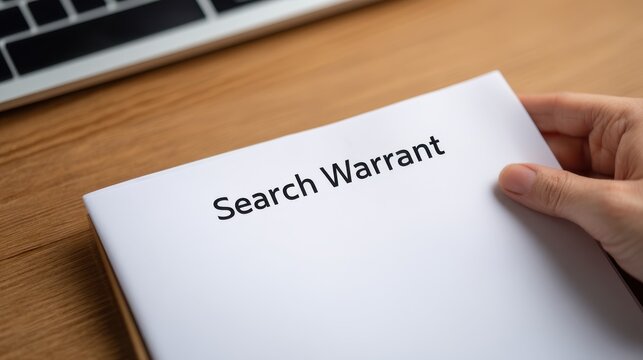Search Warrant is the title on a document held by a hand over a wooden surface, with a laptop keyboard partially visible in the background.
