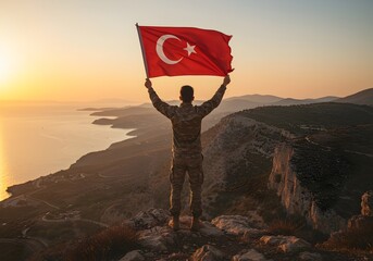 Standing for the Nation: Soldier and Flag at Dusk